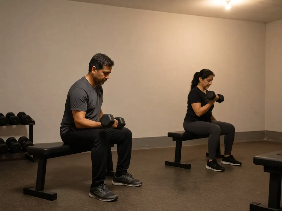 Illustrative photograph of an adult using a kettlebell in a plain gym. A gym is not a choice on this form.