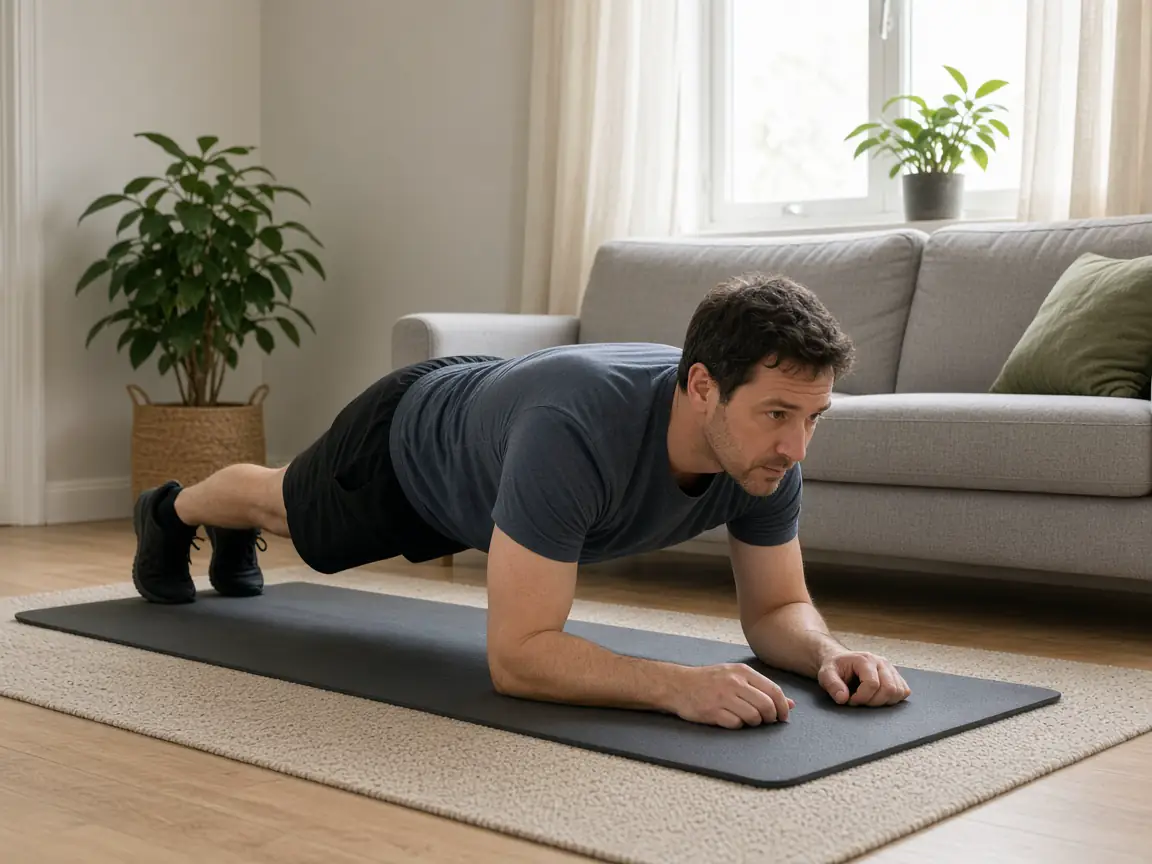 Illustrative photograph of an adult doing a floor exercise on a mat in a living room.