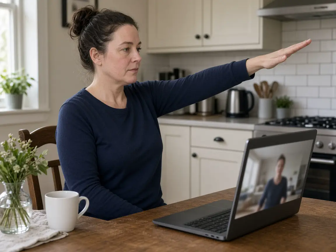 Illustrative photograph of an adult at a kitchen table following a movement during a laptop video call.